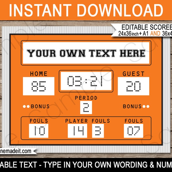 Basketball Scoreboard Printable Backdrop Sign - INSTANT DOWNLOAD with EDITABLE text - 2 sizes - 36x48 inches (or A0) & 24x36 inches (or A1)