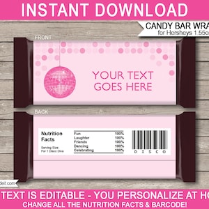 Disco Ball Candy Bar Wrappers Template Printable Dance Theme Birthday Party Favors Chocolate Labels INSTANT DOWNLOAD EDITABLE text image 1