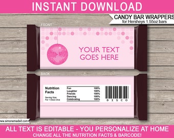 Disco Ball Candy Bar Wrappers Template - Printable Dance Theme Birthday Party Favors - Chocolate Labels - INSTANT DOWNLOAD - EDITABLE text