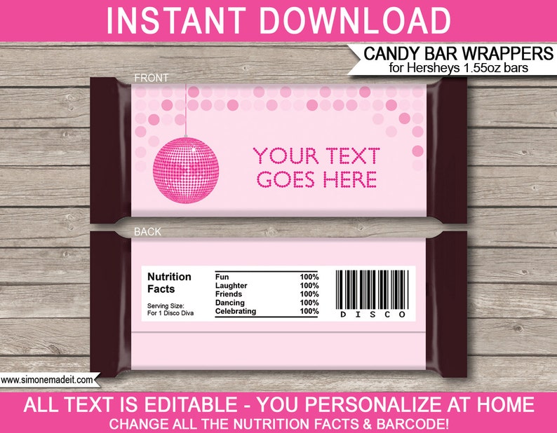 Disco Ball Candy Bar Wrappers Template Printable Dance Theme Birthday Party Favors Chocolate Labels INSTANT DOWNLOAD EDITABLE text image 1