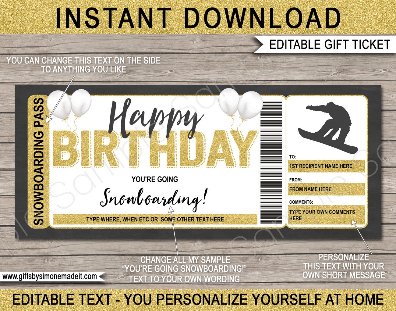 Snowboard Ticket Template Ski Trip Pass Gift Certificate Voucher