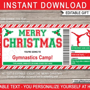 Weihnachts-Gymnastik-Camp Geschenkgutschein Ticket Vorlage zum Ausdrucken - Überraschungs-Trainingslager oder Fähigkeiten-Klinik - INSTANT DOWNLOAD, Text EDITIERBAR