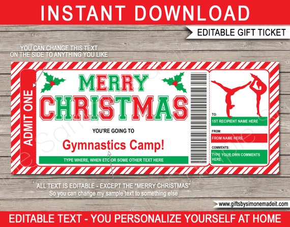 Christmas Gymnastics Camp Gift Voucher Ticket Template Printable - Surprise Training Camp or Skills Clinic - INSTANT DOWNLOAD, text EDITABLE Il_570xn