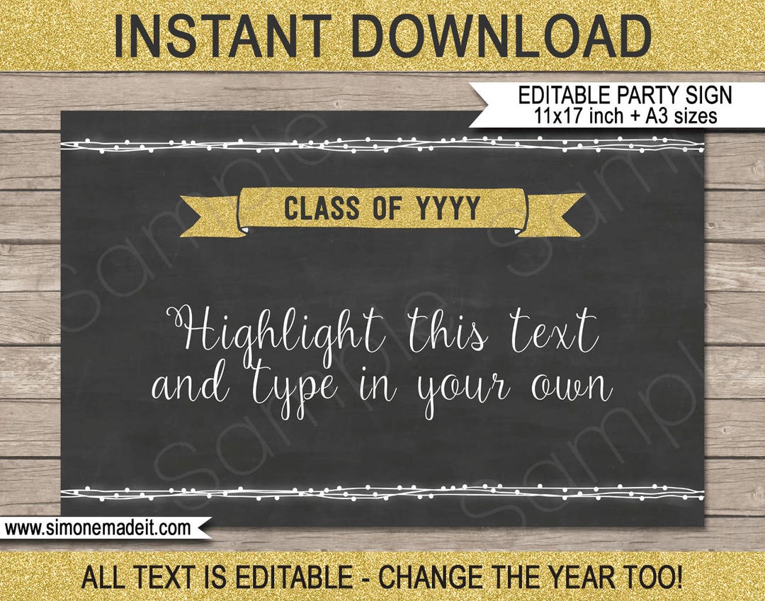 Printable Graduation Party Sign - Gold Glitter &amp; Chalkboard - for Any ...
