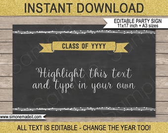 Letrero editable para fiesta de graduación: pizarra dorada con purpurina (descarga digital)