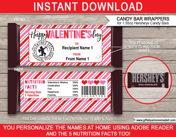 Valentines Day Candy Bar Wrappers Template - Printable Chocolate Labels - School Class Gifts Friends - INSTANT DOWNLOAD with EDITABLE Names Il_570xn