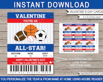All Star Sports Valentine Cards: Personalized Kids Gift Tags (Instant Download)
