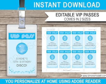 Disco Ball VIP Pass Template - Printable Disco Theme Birthday Party - Dance Party - INSTANT DOWNLOAD with Editable Text