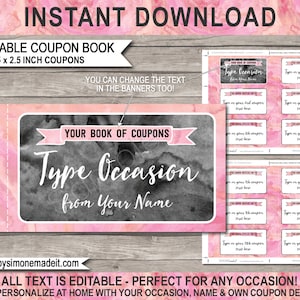 Coupon Book Printable Personalized Coupons Gift Vouchers Template, Birthday Mom Girlfriend Anniversary Her - INSTANT DOWNLOAD text EDITABLE