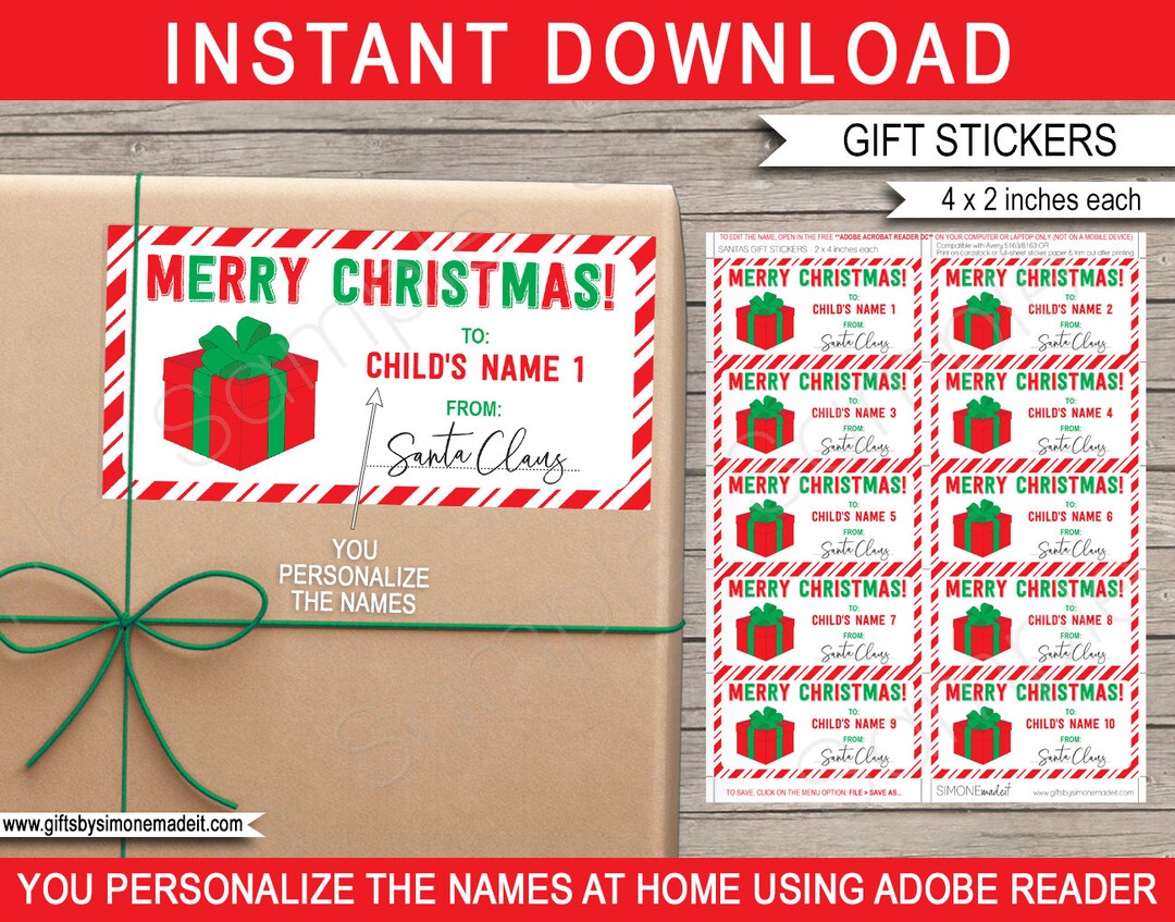 Christmas Gift Labels Template Printable Stickers Tags - Present - From Santa - Custom ...