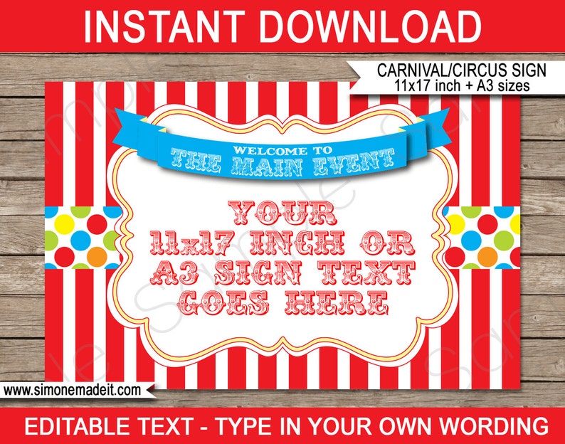 Carnival Welcome Sign Template - Printable Carnival Party Decorations Game Signs - Circus Theme - Welcome to the Main Event - INSTANT DOWNLOAD text EDITABLE Template - 11x17 inch an A3 sizes