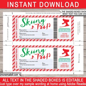 Surprise Ski Trip Ticket Template Printable Christmas Gift Pass Certificate Coupon Holiday Vacation INSTANT DOWNLOAD text EDITABLE image 2