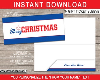 Printable Sleeve / Envelope for Christmas Baseball Gift Tickets, Vouchers - Merry Christmas - INSTANT DOWNLOAD with EDITABLE text - you edit