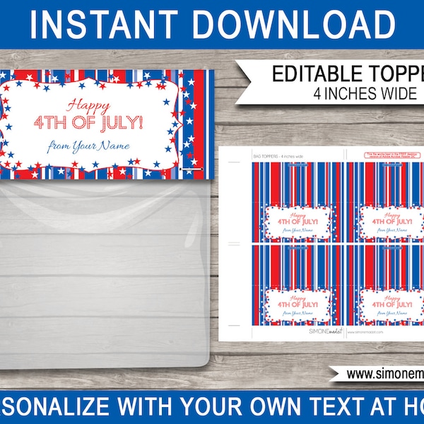 4th of July Favor Bag Toppers Template - Printable July Fourth Party Decorations - Class Gifts - INSTANT DOWNLOAD - EDITABLE text