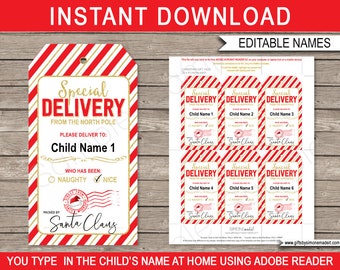 Santa Tags Printable Christmas Gift Template - Custom Personalized Special Delivery from the North Pole - INSTANT DOWNLOAD - EDITABLE text