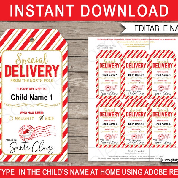 Santa Tags Printable Christmas Gift Template - Custom Personalized Special Delivery from the North Pole - INSTANT DOWNLOAD - EDITABLE text