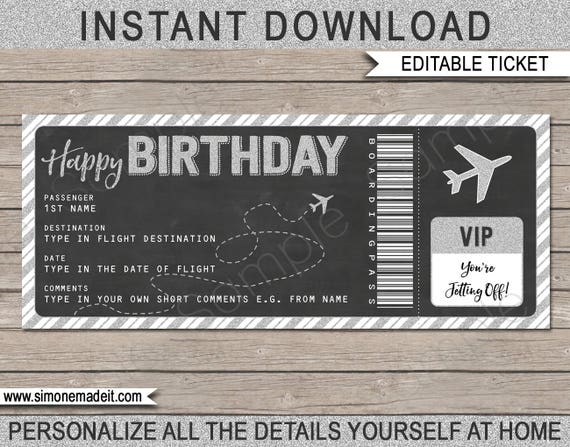Birthday Boarding Pass Gift Ticket - Surprise Flight, Trip, Getaway, Holiday, Vacation - Voucher - INSTANT DOWNLOAD with EDITABLE text Il_570xn