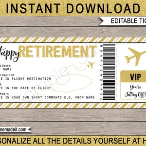 Ruhestand Bordkarte Geschenk - Überraschungsreise Kurzurlaub - Druckbares Gold Plane Ticket - Gefälschtes Ticket - INSTANT DOWNLOAD - EDITIERBARER Text