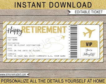 Retirement Boarding Pass Gift - Surprise Trip Getaway Holiday - Printable Gold Plane Ticket - Fake Ticket - INSTANT DOWNLOAD - EDITABLE text