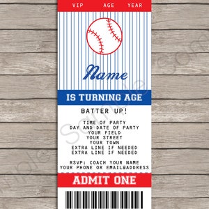 May include: Editable baseball-themed party invitation with blue and red stripes, a baseball graphic, and the text "Name is turning age". The invitation also includes the text "Batter Up!" and space for the time, date, and location of the party.
