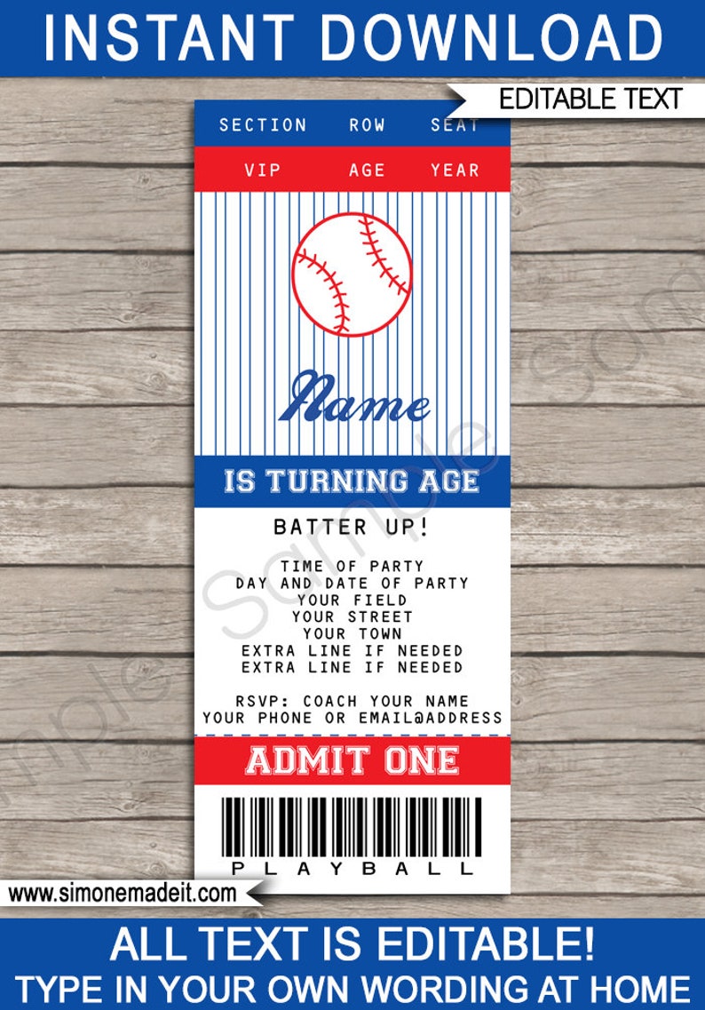 May include: Editable baseball-themed party invitation with blue and red stripes, a baseball graphic, and the text "Name is turning age". The invitation also includes the text "Batter Up!" and space for the time, date, and location of the party.