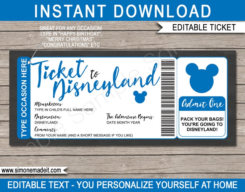 personalized disney trip ticket gift printable template etsy
