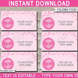 Modello di etichette alimentari con palla da discoteca - Decorazioni stampabili per feste di compleanno danzanti - Tag buffet - Segnaposto - DOWNLOAD immediato - Testo modificabile