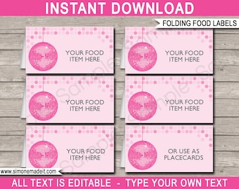 Disco Ball Food Labels Template - Printable Dance Birthday Party Decorations - Buffet Tags - Place Cards - INSTANT DOWNLOAD - EDITABLE text