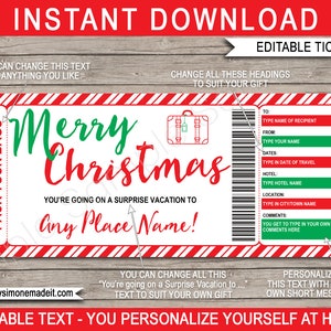 Weihnachtsüberraschung Urlaub offenbaren Geschenkidee Reiseticket Zertifikat Gutschein druckbare Vorlage, packen Sie Ihre Taschen, bearbeitbarer SOFORTIGER DOWNLOAD