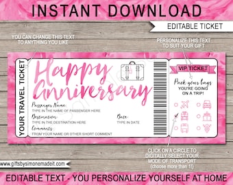 Anniversary Travel Coupon Template - Printable Gift Voucher Certificate Ticket -  Surprise Trip Reveal Gift Idea for Her - Wife Girlfriend