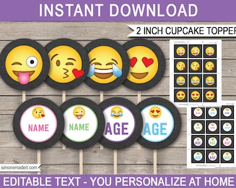 Printable Emoji Cupcake Toppers Template - Birthday Party Theme Cake Decorations - Emojional Gift Tags - 2 inch - EDITABLE TEXT DOWNLOAD