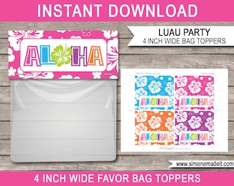 Luau Party Favor Bag Toppers - 4 inches wide - Luau Birthday Party Favors - Printable Template - INSTANT DOWNLOAD