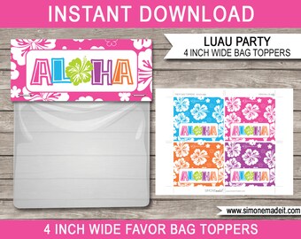 Adornos para bolsas de recuerdos de fiesta luau: Diseño Aloha (Descarga instantánea)