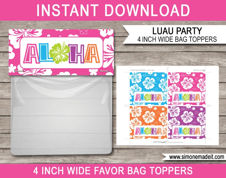 Luau Party Favor Bag Toppers 4 inches wide Luau Birthday Party Favors Printable Template INSTANT DOWNLOAD image 1