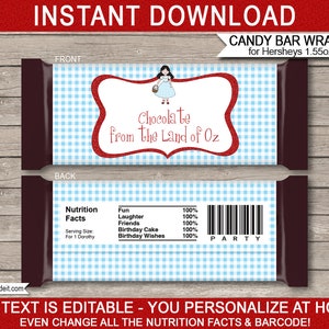 Wizard of Oz Candy Bar Wrappers Template - Printable Chocolate Labels - Birthday Party Favors - INSTANT DOWNLOAD with EDITABLE text