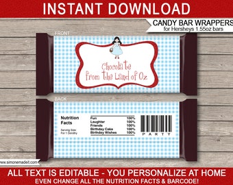 Wizard of Oz Candy Bar Wrappers Template - Printable Chocolate Labels - Birthday Party Favors - INSTANT DOWNLOAD with EDITABLE text