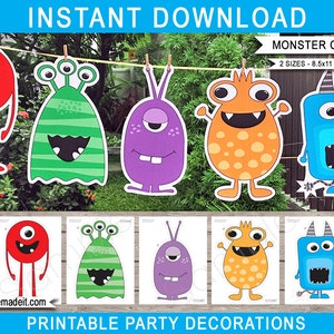 May include: Printable monster cut-outs for party decorations. The set includes five different monster designs in red, green, purple, orange, and blue. The cut-outs are available in two sizes: 8.5x11 inches and 11x17 inches.