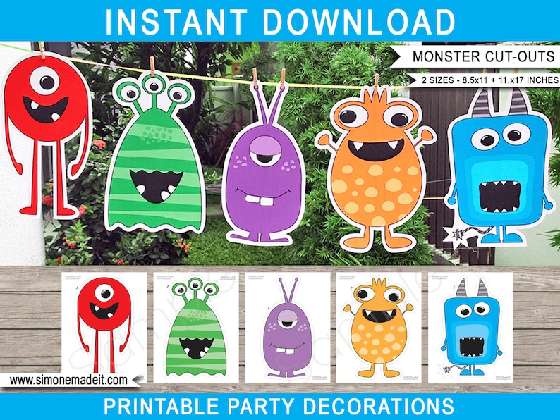 Monster Decoration Templates Printable Birthday Party Cut-Out Signs DIY INSTANT DOWNLOAD 2 Sizes 8.5x11 Inch A4, 11x17 Inch A3 image 1