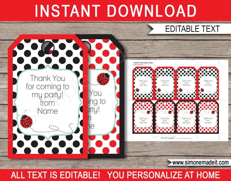 Editable & Printable Ladybug Birthday Party Favor Tags template