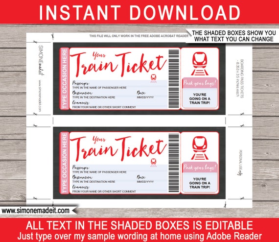 train boarding pass ticket template printable editable gift etsy