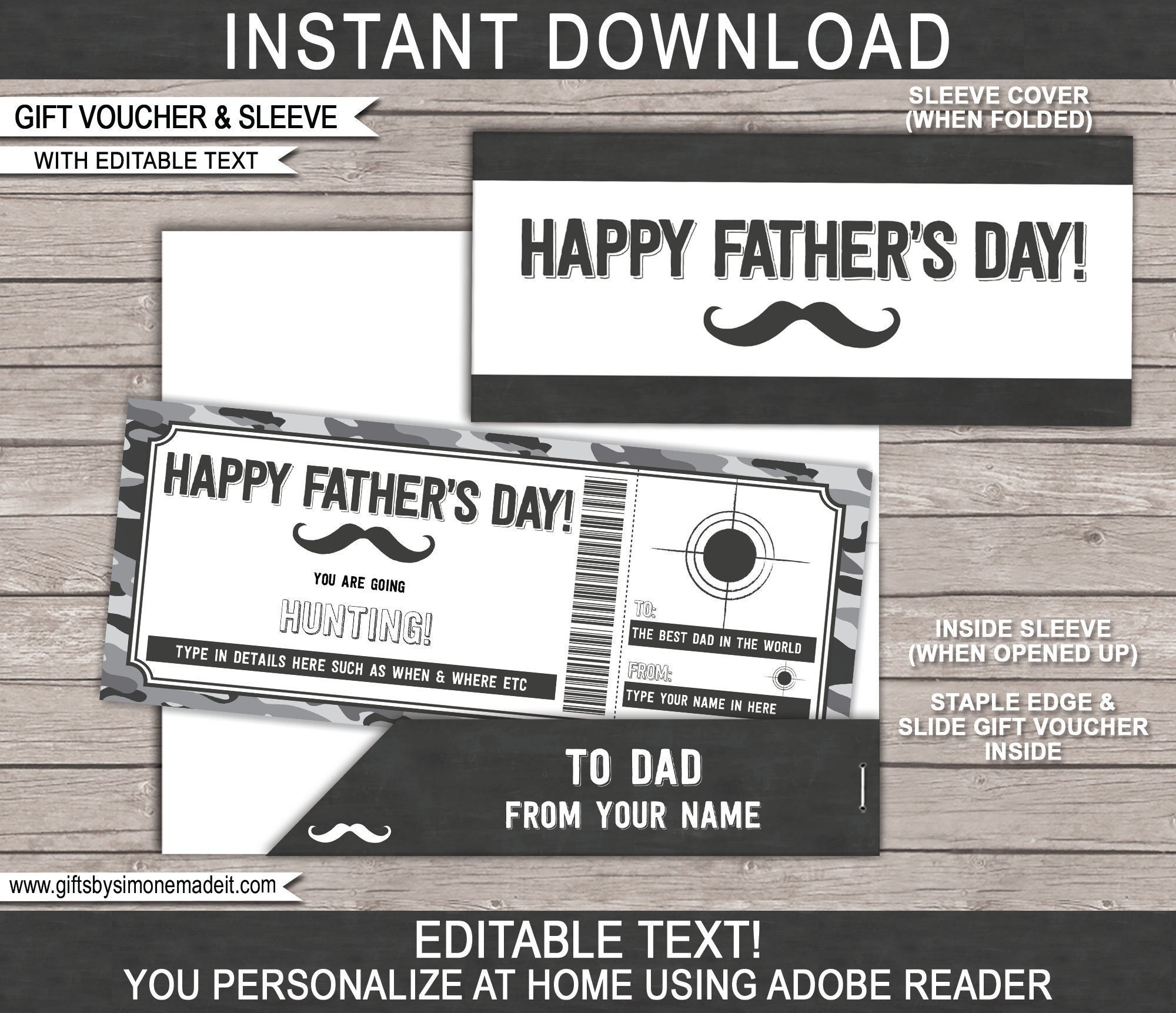 Hunting Gift Certificate Coupon Template - Printable Fathers Day Camo Card Voucher - Surprise Hunting Trip for Dad - EDITABLE TEXT DOWNLOAD
