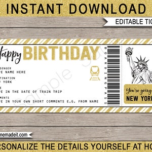 Biglietto d'imbarco per viaggio in treno a New York - Regalo di compleanno stampabile - Rivelazione del viaggio a sorpresa a New York - Carta coupon - DOWNLOAD TESTO MODIFICABILE