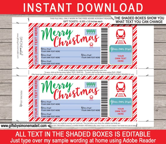 christmas train ticket printable template boarding pass gift etsy