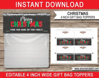 Christmas Gift Bag Toppers Template - Printable Xmas Gift Tags - 4 inches wide - INSTANT DOWNLOAD - EDITABLE text