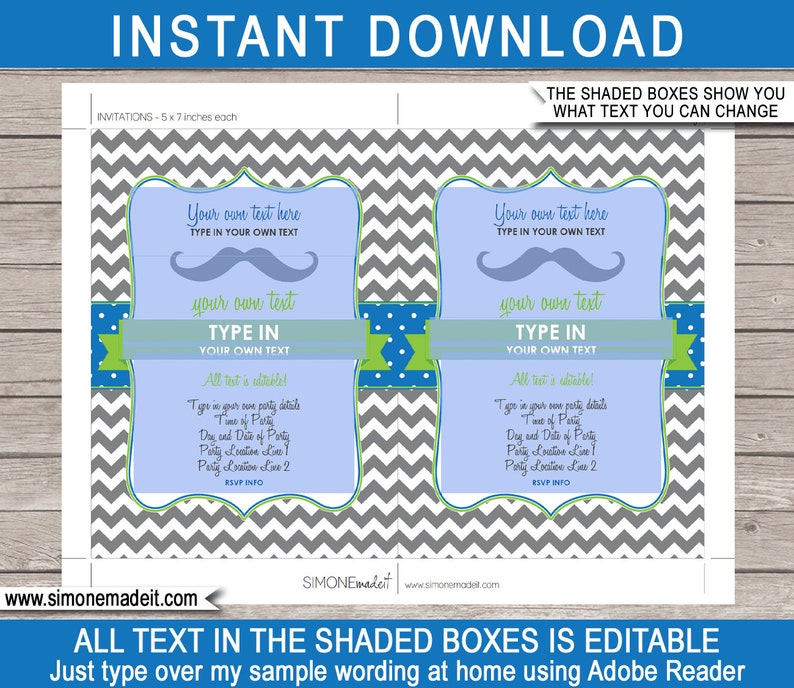 Mustache Party Decorations & Invitation Template Bundle full Package Pack Set Kit Collection INSTANT DOWNLOAD with EDITABLE text image 4