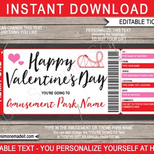 Freizeitpark Ticket Vorlage - Valentinstag Freizeitpark Geschenk - Überraschungstag - SOFORTIGER DOWNLOAD mit EDITIERBARE Text