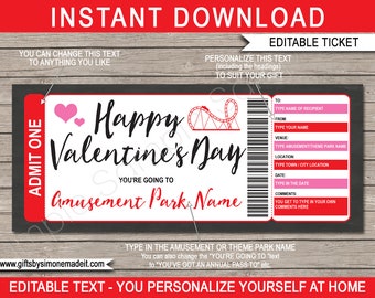 Amusement Park Ticket Template - Valentines Day Theme Park Gift - Surprise Day Out - INSTANT DOWNLOAD with EDITABLE text