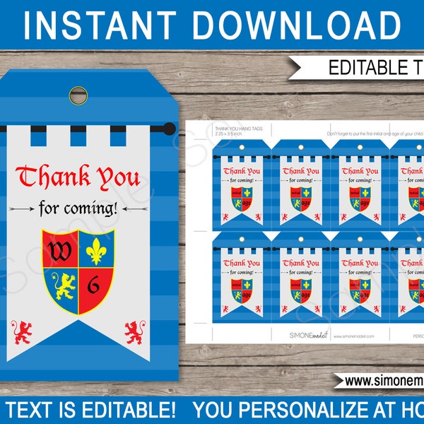 Medieval Knight Favor Tags Template - Printable Birthday Party Thank You Tags - Brave Theme - EDITABLE TEXT DOWNLOAD - you personalize