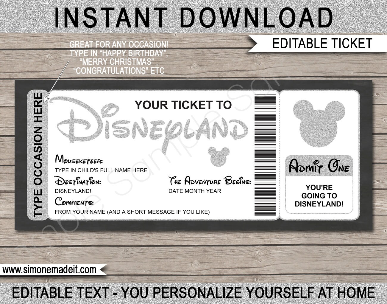disneyland ticket printable template gift surprise disney etsy