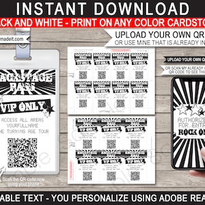 Backstage Pass Template - Printable Rock Star Theme Birthday Party Decorations - VIP Pass - QR Code - Instant DOWNLOAD Text Editable